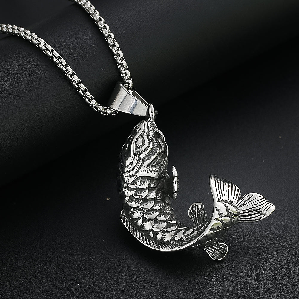 Fortune Koi Fish Necklace for Men Women Good Luck Wealth Retro Jumping Carp Pendant Stainless Steel Jewelry Best Gifts
