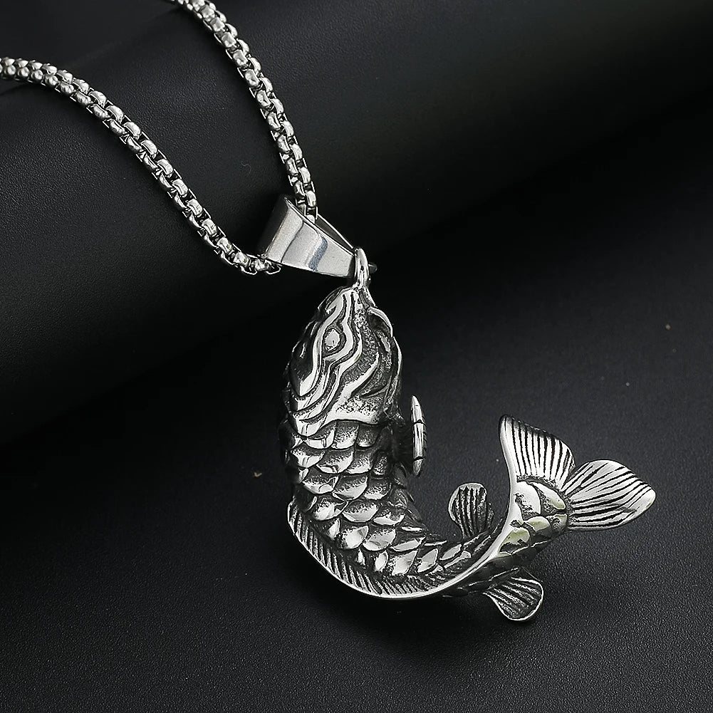 Fortune Koi Fish Necklace for Men Women Good Luck Wealth Retro Jumping Carp Pendant Stainless Steel Jewelry Best Gifts