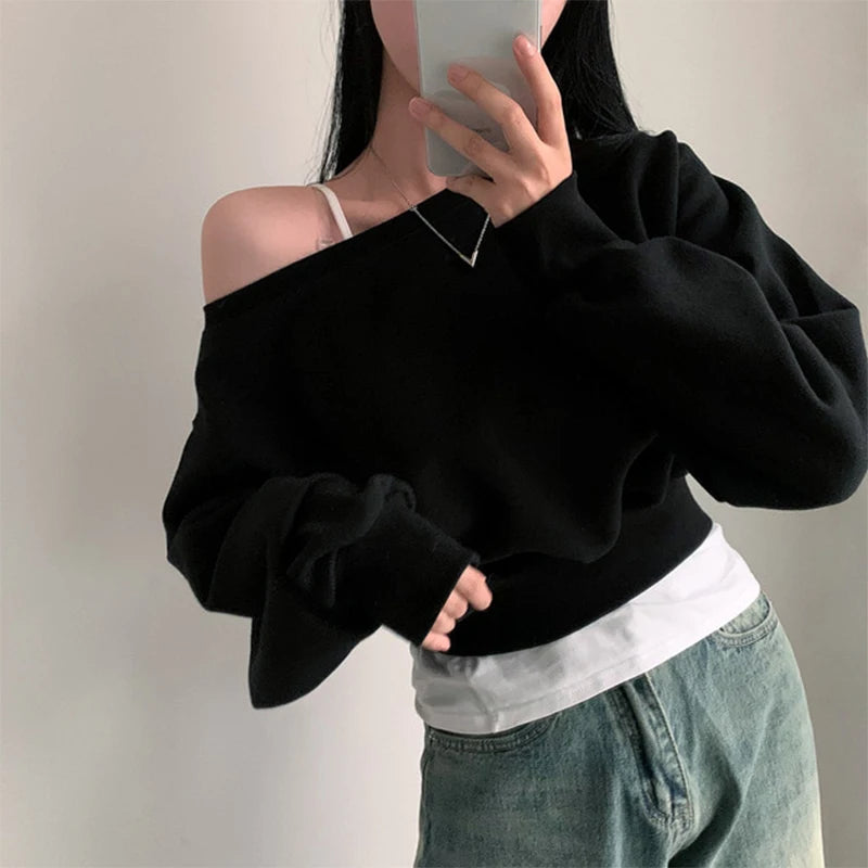 Korean Streetwear Off-shoulder Long Sleeve Loose Casual Cropped Sweatshirt For Women