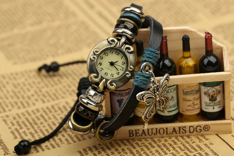 Handmade Butterfly Beads Bracelet Quartz Watch Clock Women Man Lovers Vintage Retro Bracelet Leather Strap Bracelets Dress Watch