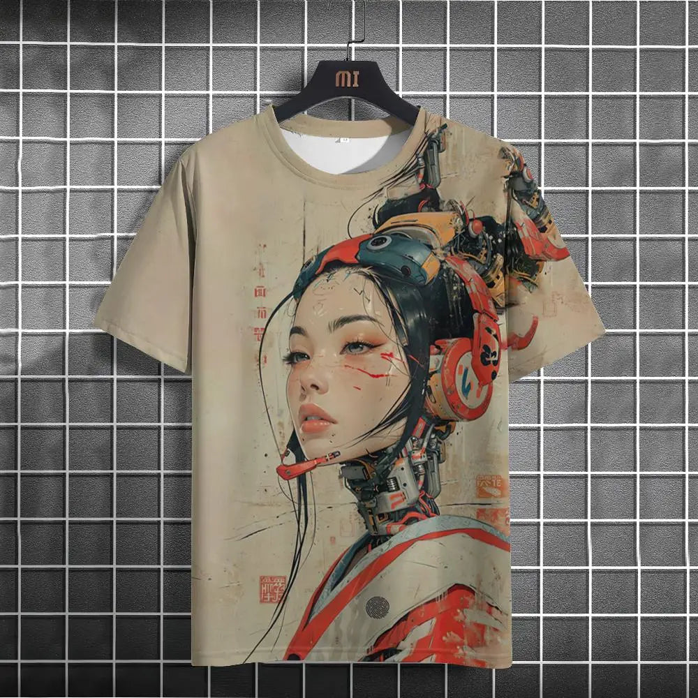 Japanese T-Shirt For Men Mechanical Character Graphic T Shirts Short Sleeve Printing Tees Outdoor Oversized Men's Clothing Tops