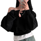 Korean Streetwear Off-shoulder Long Sleeve Loose Casual Cropped Sweatshirt For Women