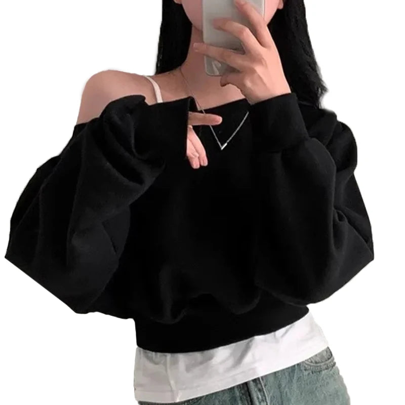 Korean Streetwear Off-shoulder Long Sleeve Loose Casual Cropped Sweatshirt For Women