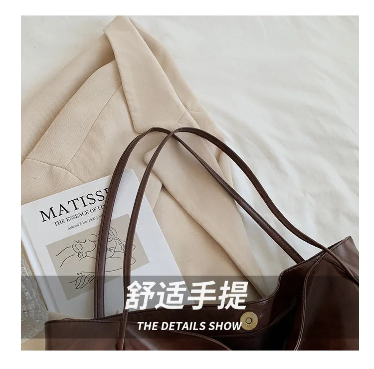 Tote Women's Bag Korean Style Large Capacity Soft Leather Shoulder Bag Retro Casual Hand-held Bucket Bag 2025 Одноплечевая сумка