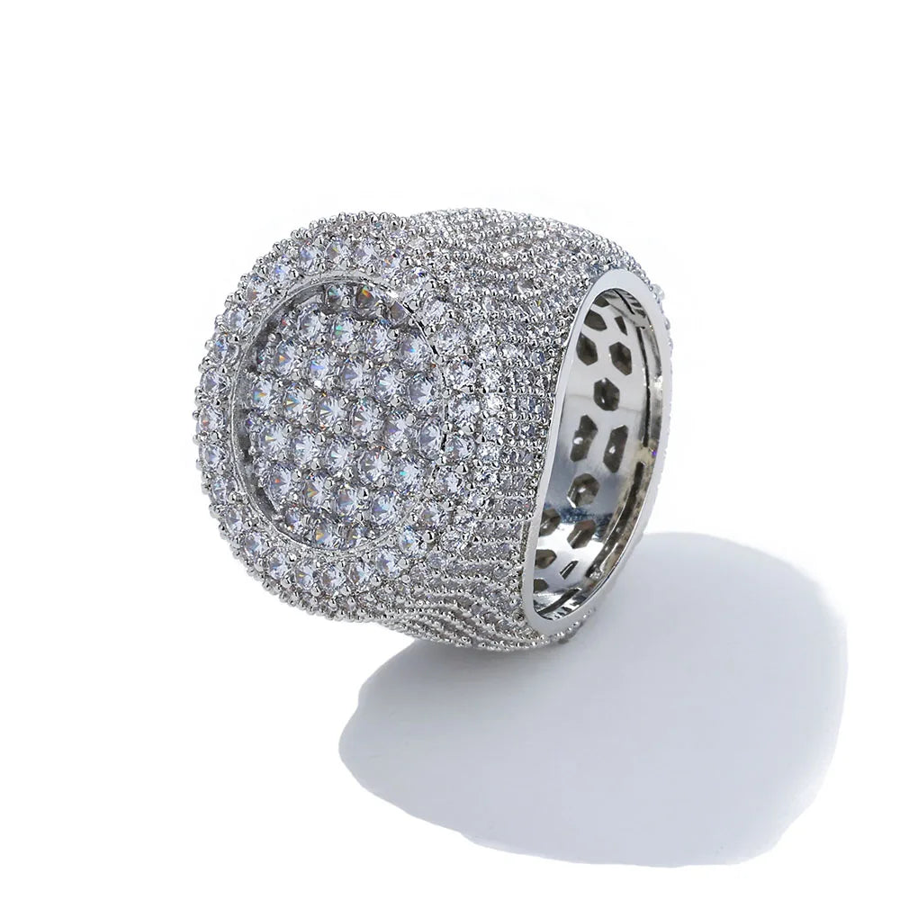 Hip Hop Iced out Diamond Round Ring Full Pave Big Circle Honeycomb Brilliant Cut CZ Brass Rings Jewelry Men Women Gift