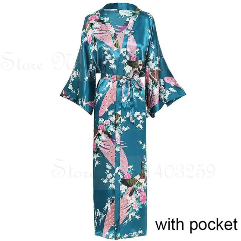 Women Long Robe Kimono Bathrobe Gown with Pockets Sexy Wedding Bride Bridesmaid Dressing Gown Oversize Satin Homewear Loungewear
