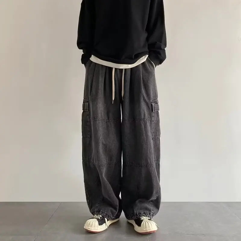 New Hip Hop Trend Baggy Cargo Pants for Men Women Japanese Streetwear Style Plus Size Joggers Washed Denim Loose Fit Trousers