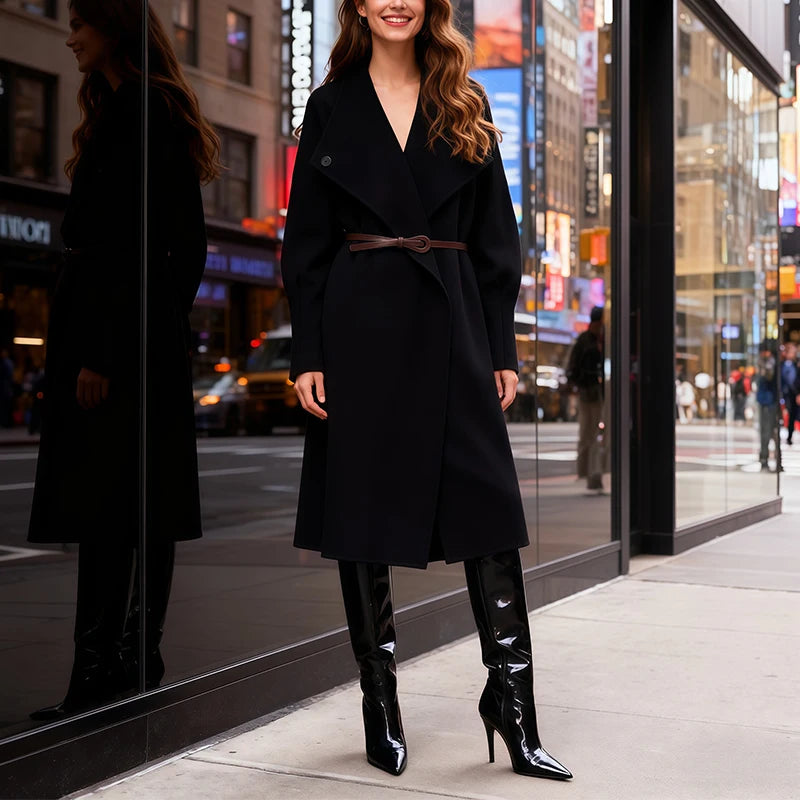 Womens Knitted Coat With Waist Belt Mid Length Elegant And Comfortable Coat Must Have Autumn And Winter Item Trafizaran