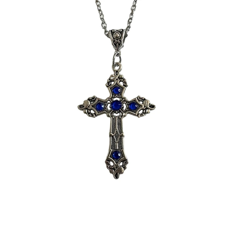 European and American Cross Necklace Gemstones Neck Chain Large Crosses Pendant Religious Jewelry Women Choker Neckchain