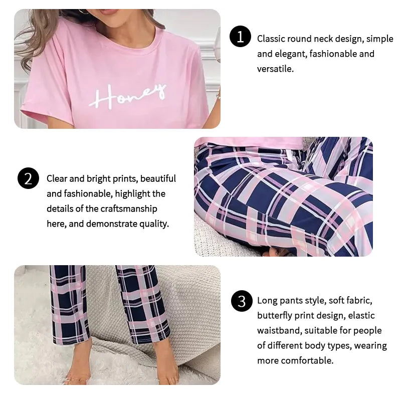 Women's Pajamas Set Casual Home Clothes Soft Comfortable Crew Neck T-Shirt & Plaid Pants Sleepwear Piece Loungewear Pyjama Femme