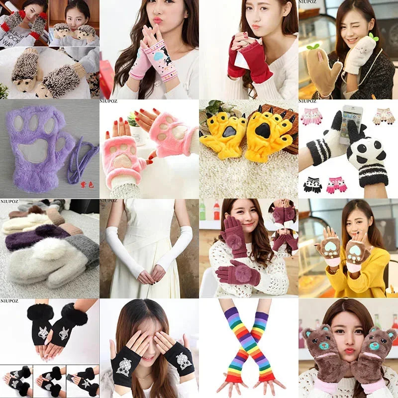 Female Cute Winter Warm Long Knit Fingerless Dance Sleeves Women Cool Cartoon Owl Rabbit Diamonds Rivet Sequins Cuff Gloves A40