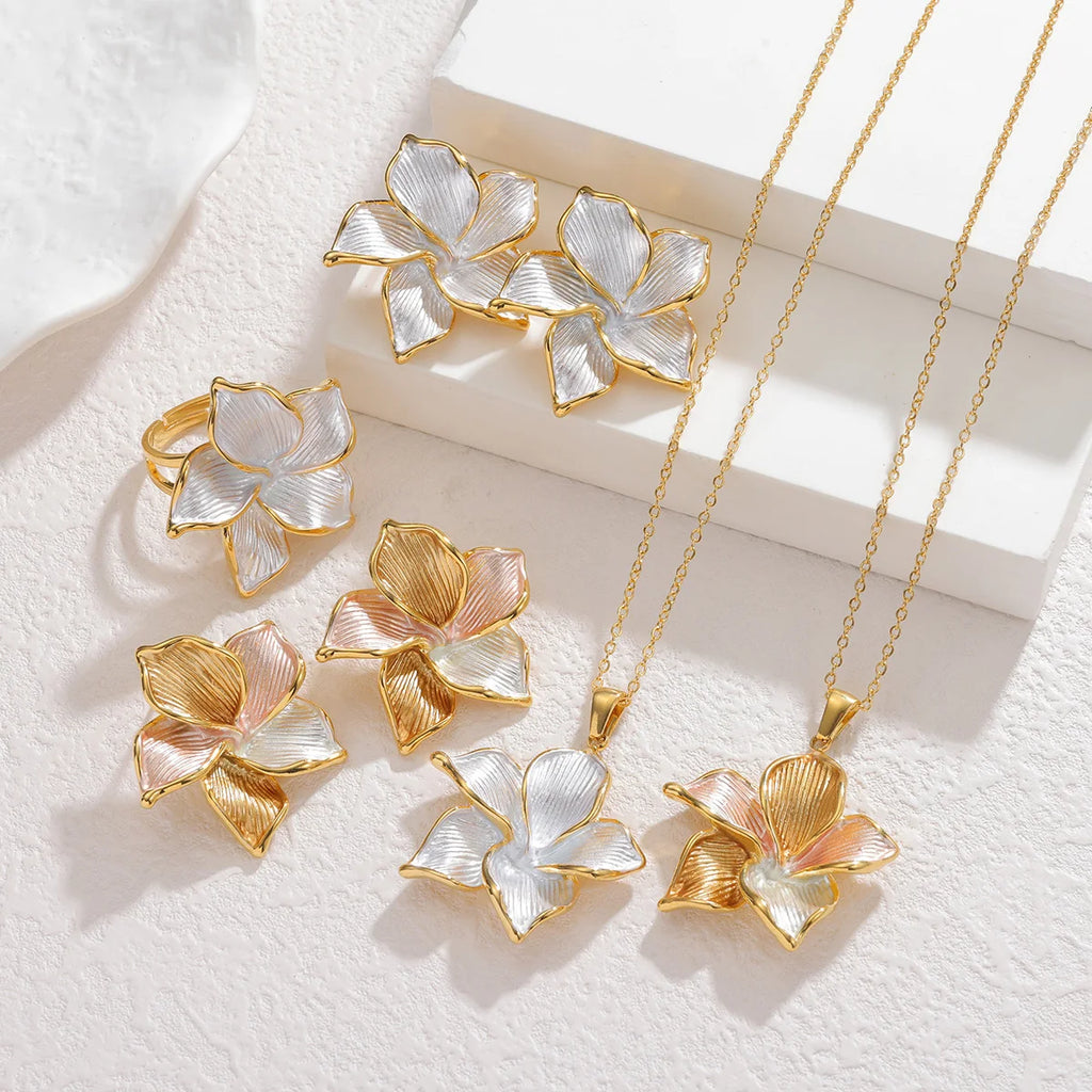 Classic Stylish Color-blocked Flower Necklace Ring Earrings Accessory Set for Women Exquisite Stainless Steel Jewelry Girl Gifts