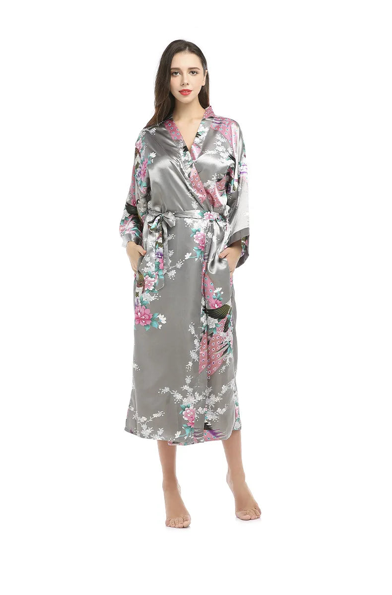 Women Long Robe Kimono Bathrobe Gown with Pockets Sexy Wedding Bride Bridesmaid Dressing Gown Oversize Satin Homewear Loungewear
