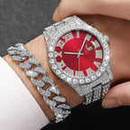 3PCS/Set Luxury Full Diamond Men Quartz Watches Fashion Hip Pop Mens Calendar Wristwatch Bracelet Necklace Set (Without Box)