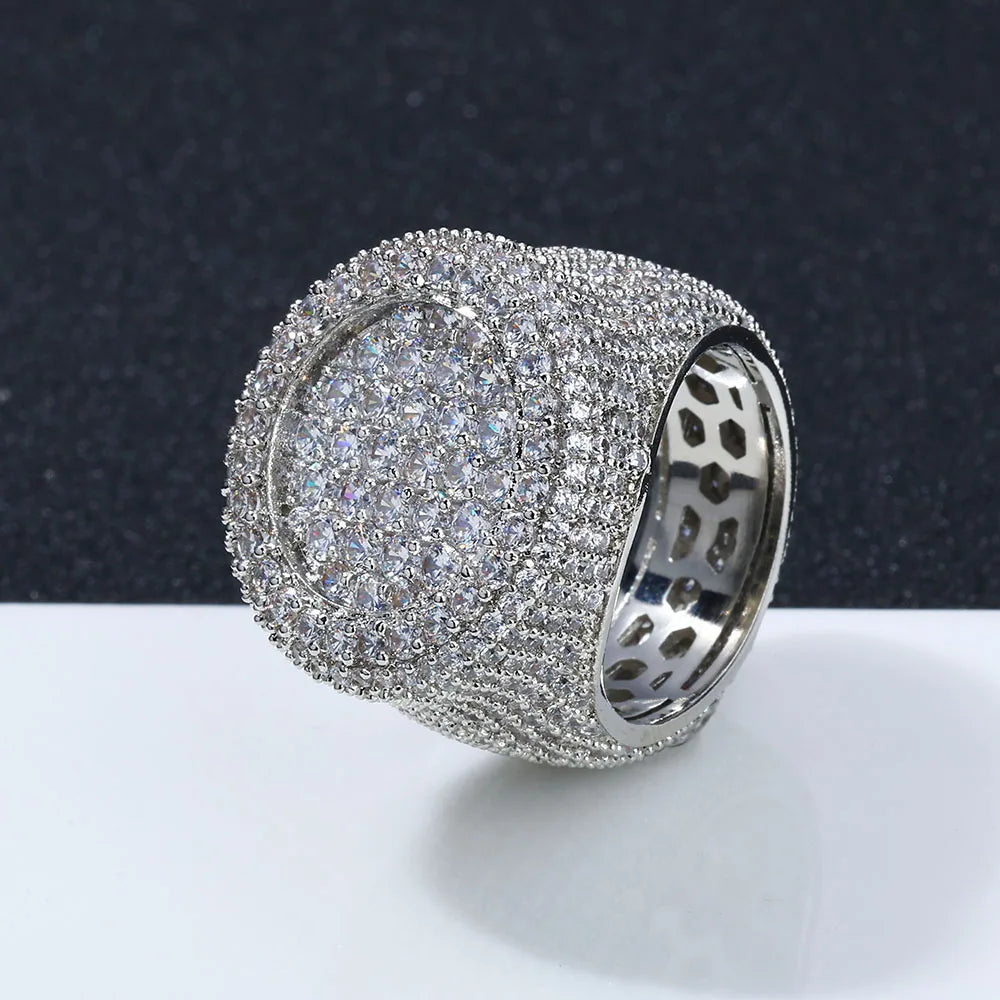Hip Hop Iced out Diamond Round Ring Full Pave Big Circle Honeycomb Brilliant Cut CZ Brass Rings Jewelry Men Women Gift