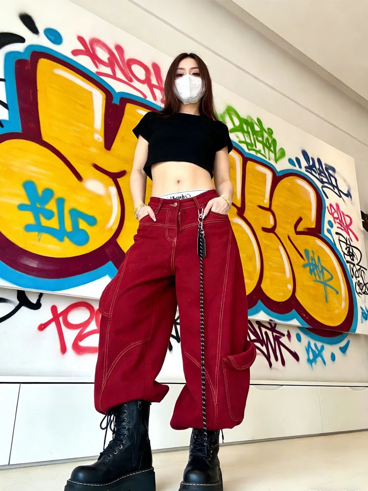 Street Vintage Jeans New Y2K Harajuku Wash Red Streetwear Baggy Jeans Denim Pants Mens Womens High Waist Wide Trousers 2025