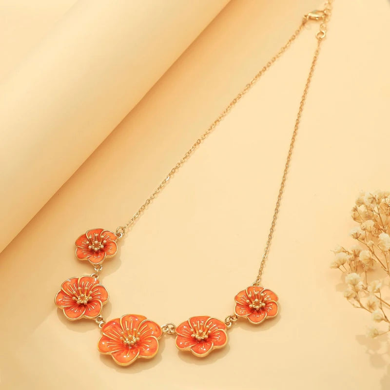 Vintage Drip Oil Flower Pendant Necklace Earrings Bracelet Ring Set for Women Elegant Floral Clavicle Chain Party Jewelry Set
