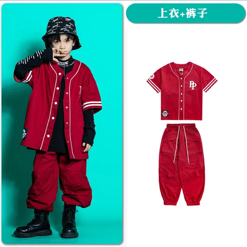 Kids Teenage Streetwear Hip Hop Clothing Red Shirt Tops Casual Cargo Jogger Pants For Girl Boy Jazz Dance Costume Rave Clothes