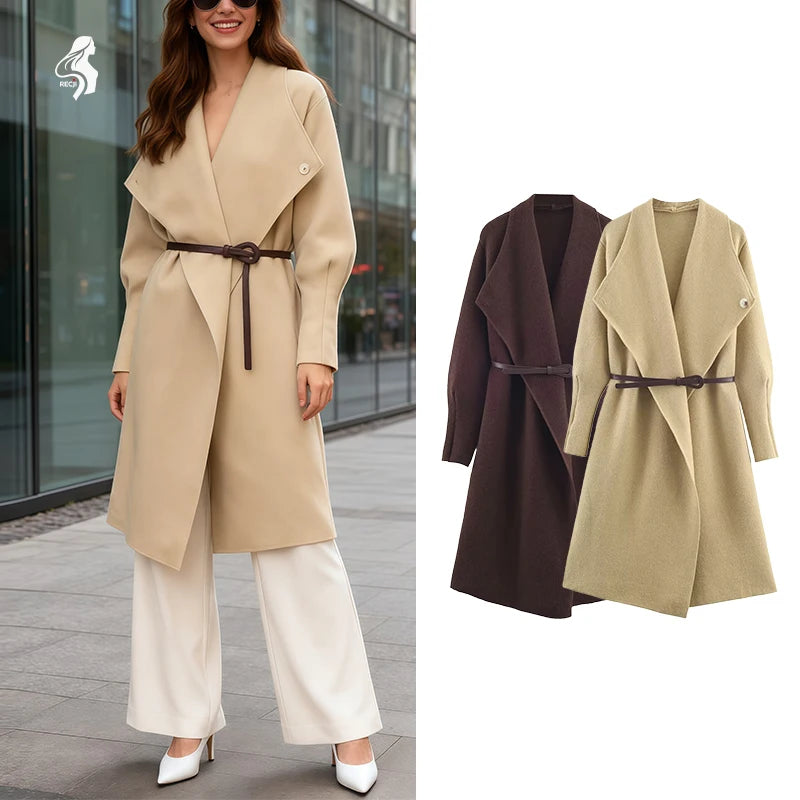 Womens Knitted Coat With Waist Belt Mid Length Elegant And Comfortable Coat Must Have Autumn And Winter Item Trafizaran