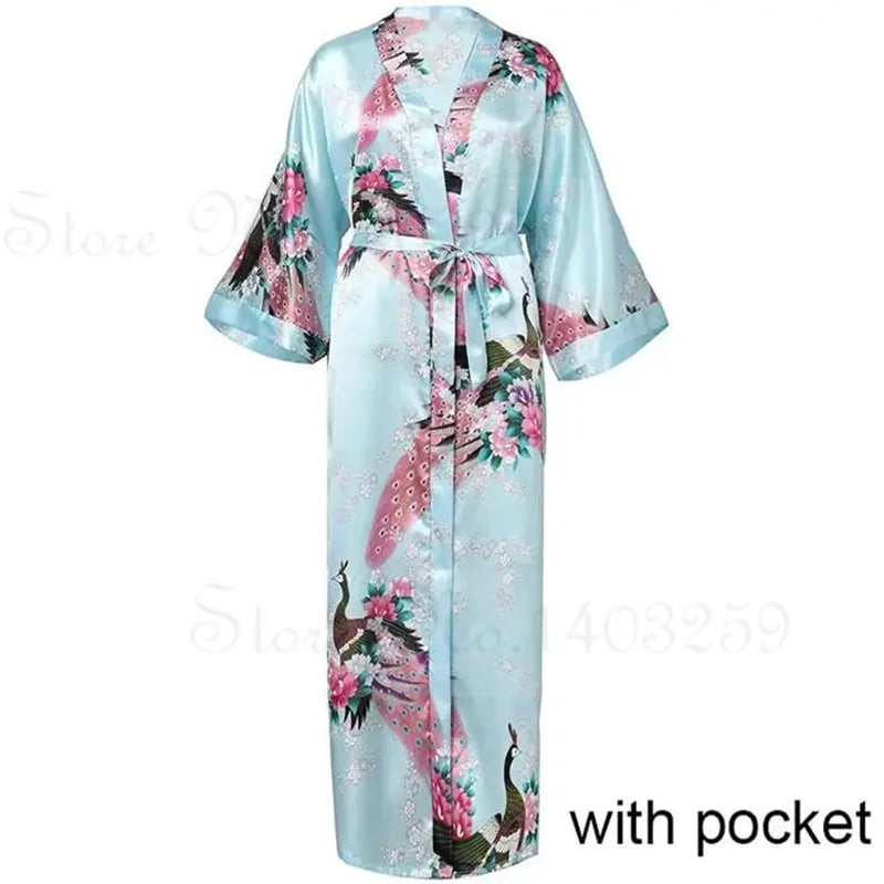 Women Long Robe Kimono Bathrobe Gown with Pockets Sexy Wedding Bride Bridesmaid Dressing Gown Oversize Satin Homewear Loungewear