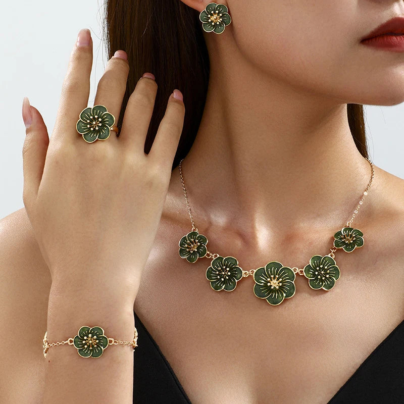 Vintage Drip Oil Flower Pendant Necklace Earrings Bracelet Ring Set for Women Elegant Floral Clavicle Chain Party Jewelry Set