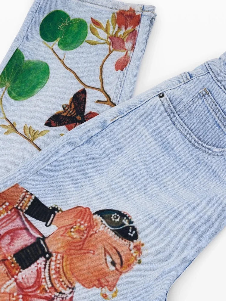 European, American, Spanish original single women's jeans, contrasting color print, elastic casual designer style cropped pants