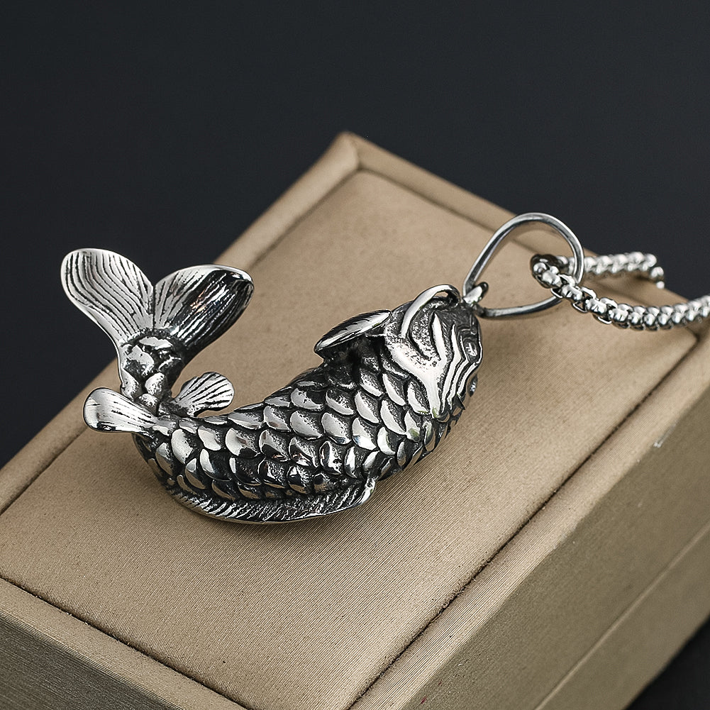 Fortune Koi Fish Necklace for Men Women Good Luck Wealth Retro Jumping Carp Pendant Stainless Steel Jewelry Best Gifts