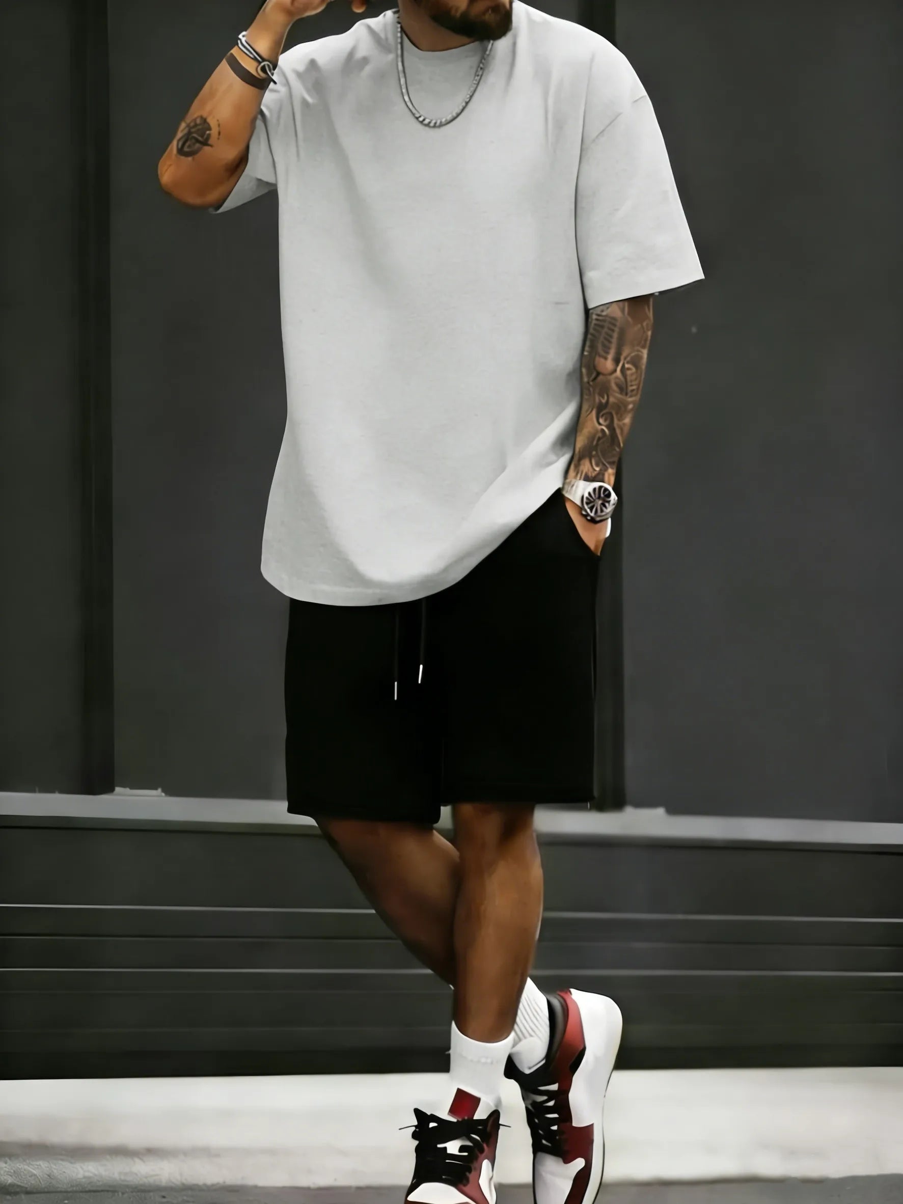 Summer Cotton Street T-Shirt Suit Men Oversize Daily Shorts Gym Loose Sportswear Trendy Hip Hop Clothes Sport Pocket Short Pants