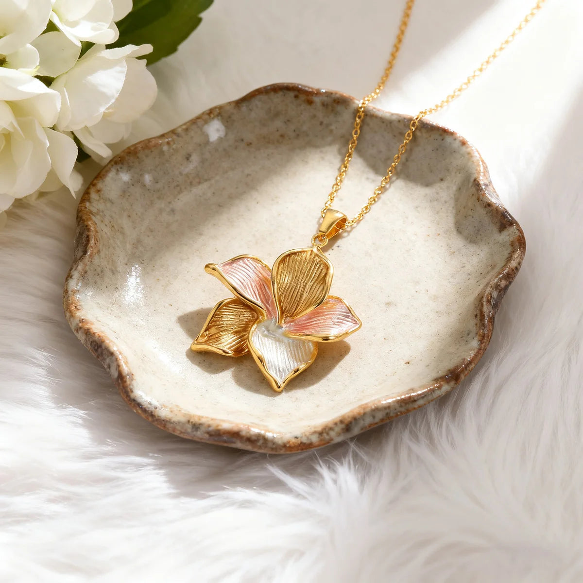 Classic Stylish Color-blocked Flower Necklace Ring Earrings Accessory Set for Women Exquisite Stainless Steel Jewelry Girl Gifts