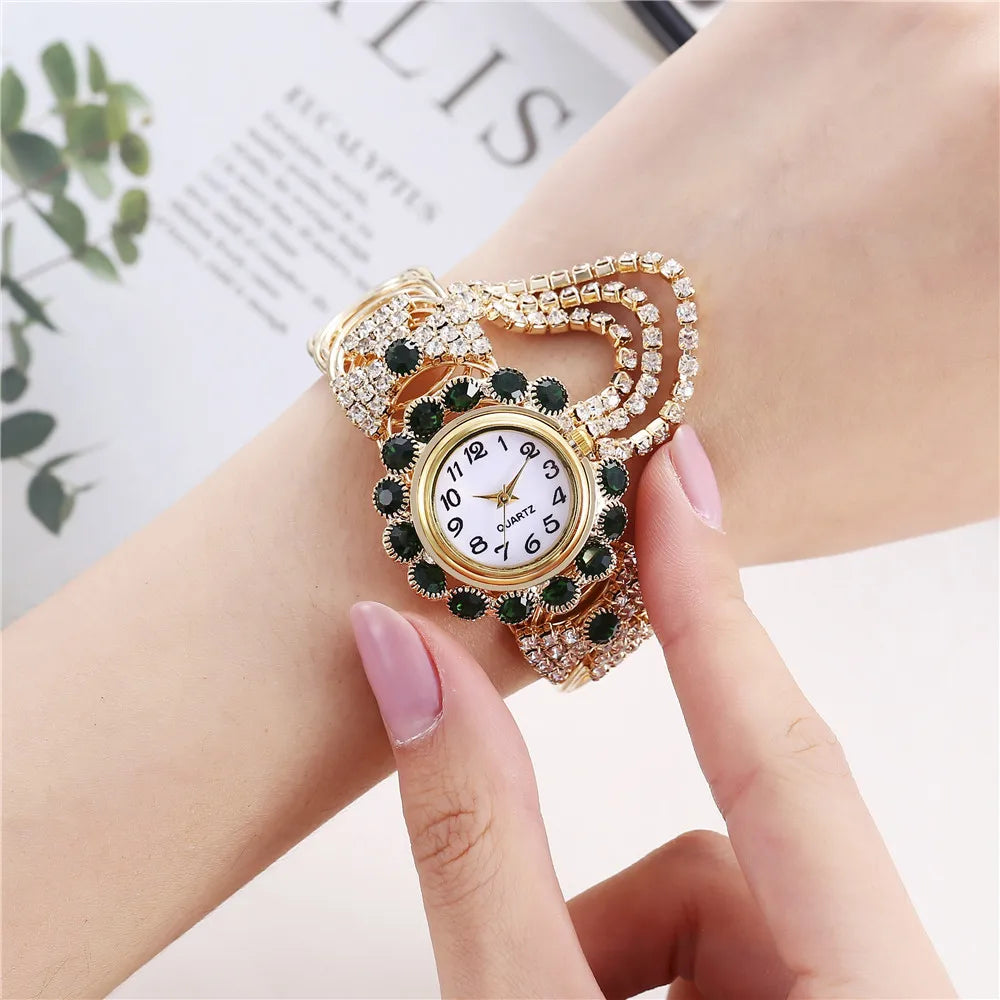 Trendy Leisure Women’s Watch Chic Gold Hollow Design Quartz Watch Stylish Red White Rhinestone Bangle Wristwatch