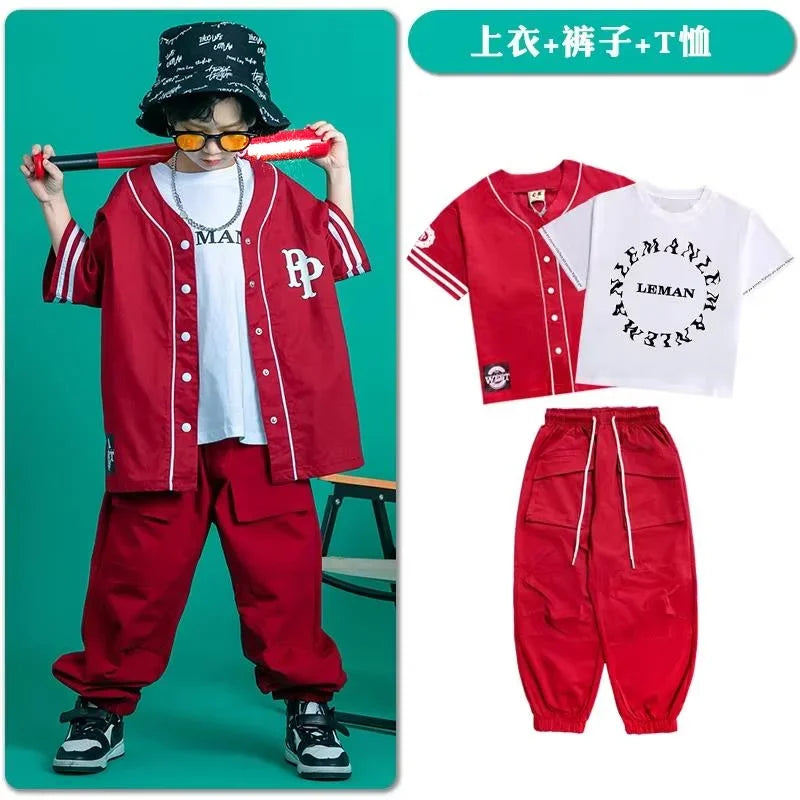 Kids Teenage Streetwear Hip Hop Clothing Red Shirt Tops Casual Cargo Jogger Pants For Girl Boy Jazz Dance Costume Rave Clothes