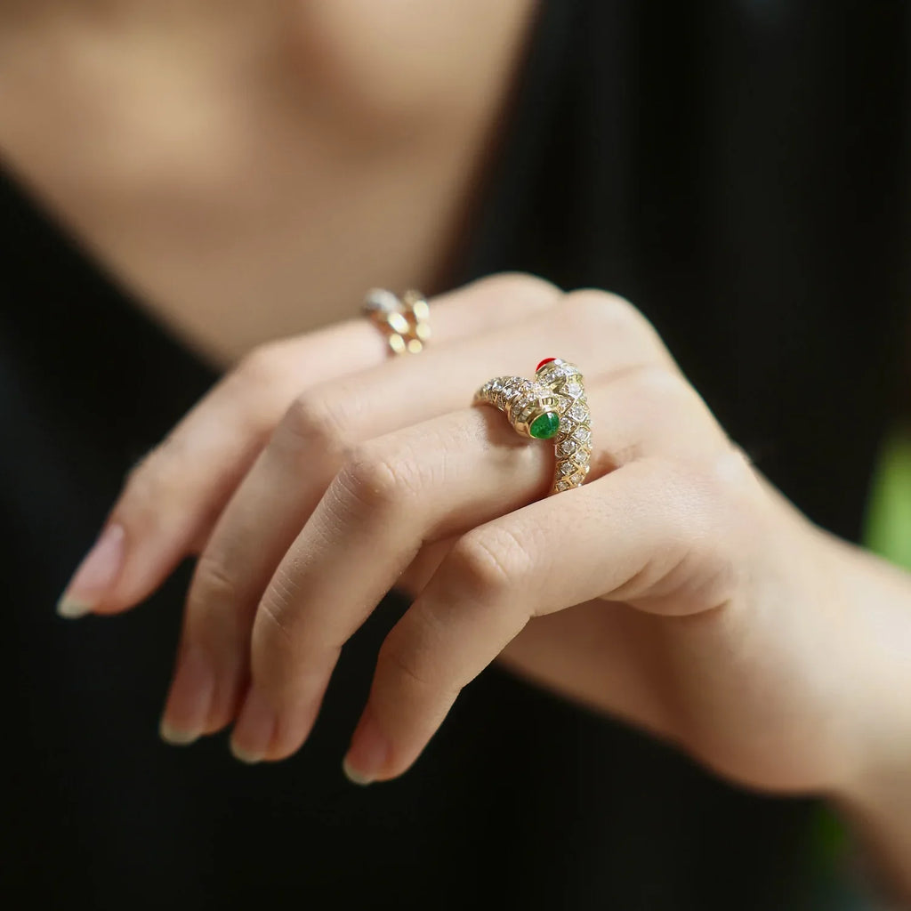 Vintage Retro Ring 18K Gold Lab Ruby Emerald Resizable Rings Women Antique Cocktail Party Finger Ring Fine Jewelry Party Gift