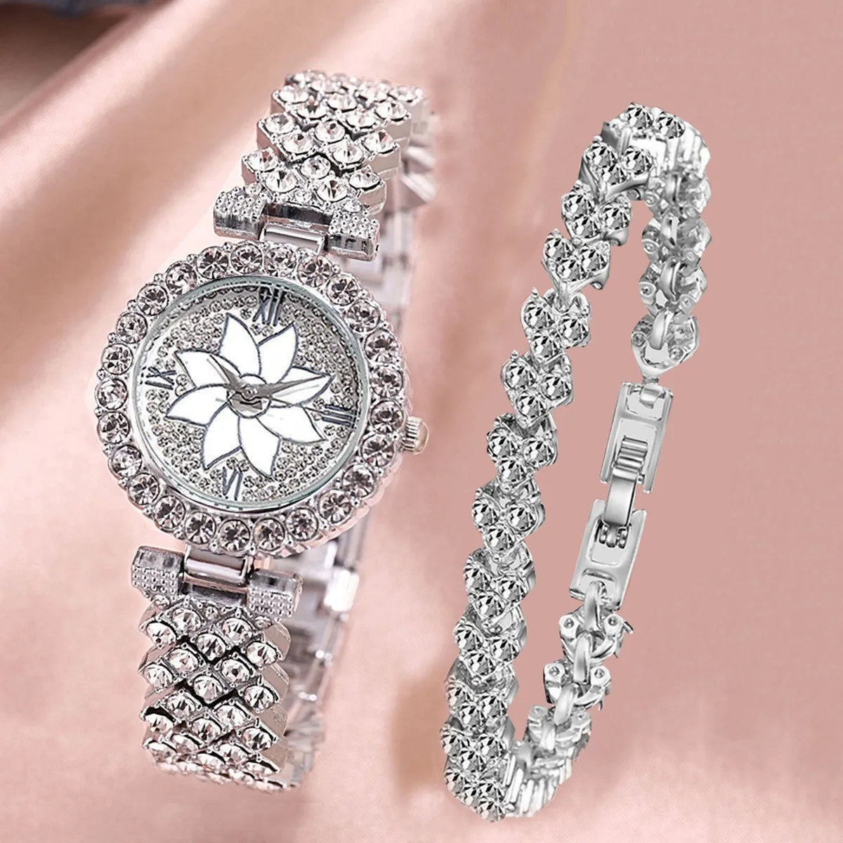 2Pc/Set 1Pc Rhinestone Decor Quartz Watch & 1Pcs Bracelet Fancy Women Watches Jewelry Sophisticated And Stylish Women Watch