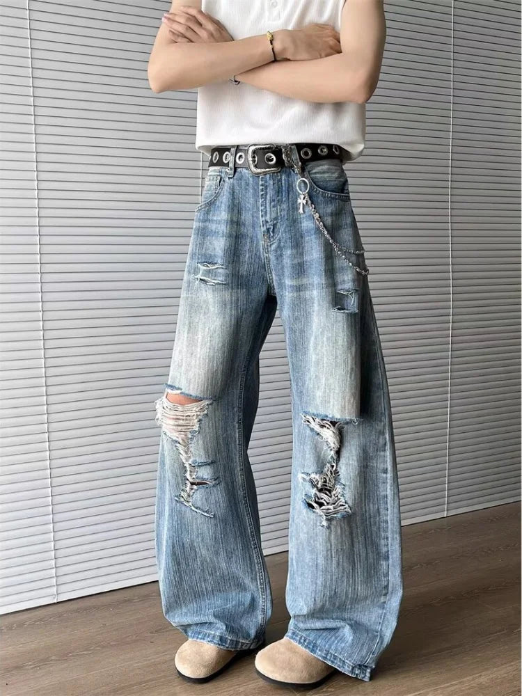 2025 Trashy Y2K Streetwear Washed Blue Baggy Ripped Jeans Pants For Men 90S Vintage Clothes Straight Distressed Denim Trousers