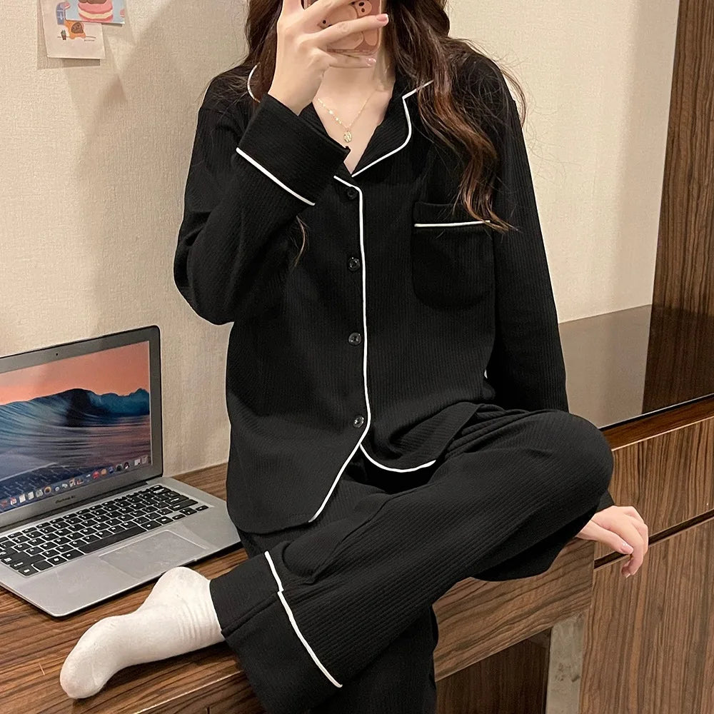 Spring/Autumn New Arrivals: Minimalist Fashion Pyjamas for Women Long-Sleeved Casual Teenage Girls' Sleepwear Homewear Sets