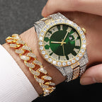 3PCS/Set Luxury Full Diamond Men Quartz Watches Fashion Hip Pop Mens Calendar Wristwatch Bracelet Necklace Set (Without Box)