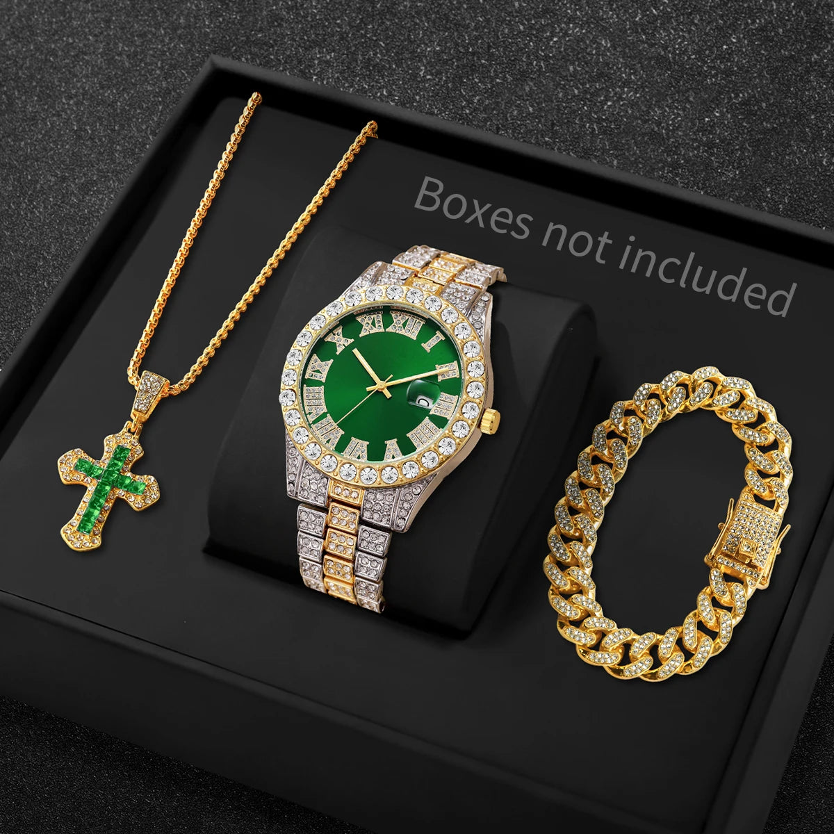 3PCS/Set Luxury Full Diamond Men Quartz Watches Fashion Hip Pop Mens Calendar Wristwatch Bracelet Necklace Set (Without Box)