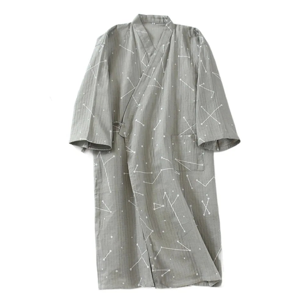 Bath Robe V-Neck Men's Kimono Bathrobe Long Sleeve Loose Kimono Pajamas Print Thin Japanese-Style Yukata Bath Wear
