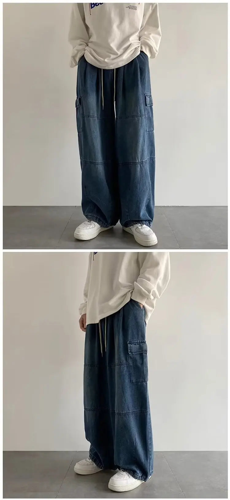 New Hip Hop Trend Baggy Cargo Pants for Men Women Japanese Streetwear Style Plus Size Joggers Washed Denim Loose Fit Trousers