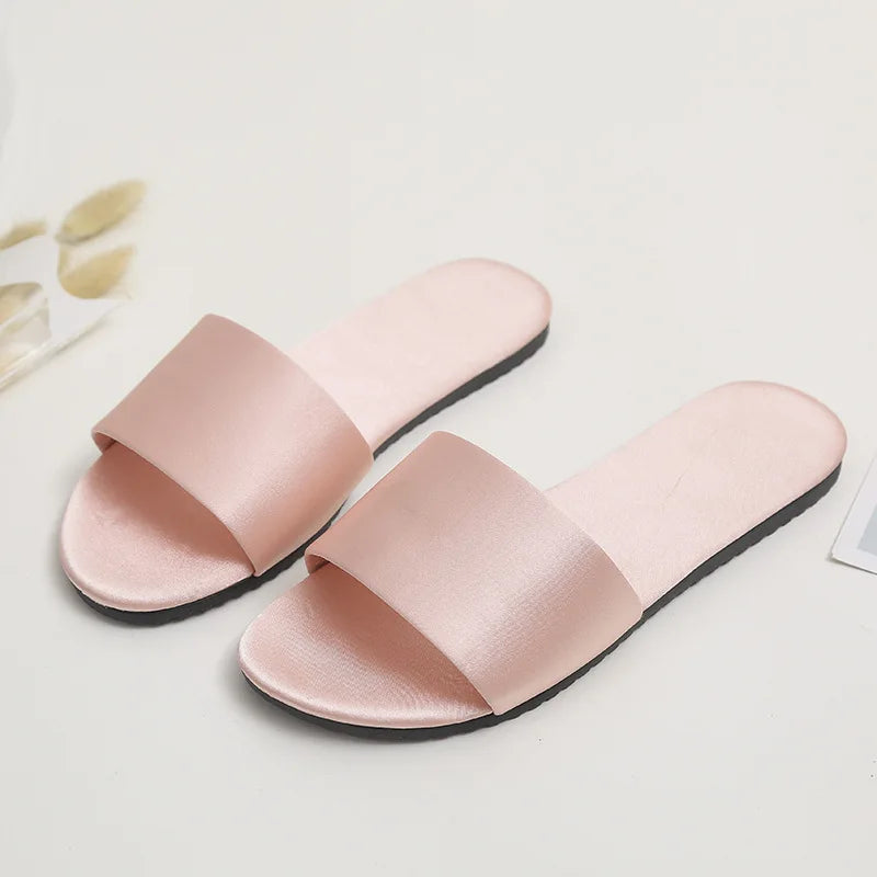 Summer New Home Slippers Fashion Flat Casual Satin Simulation Silk Slippers Indoor Non-slip Peep Toe Slides Wedding  Flip Flops