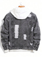 1Pc Y2Kmen's Four Seasons Destroyed Stone Washed Light Jacket Daily American Street Casual Denim Jacket (No Hood/No Accessories)