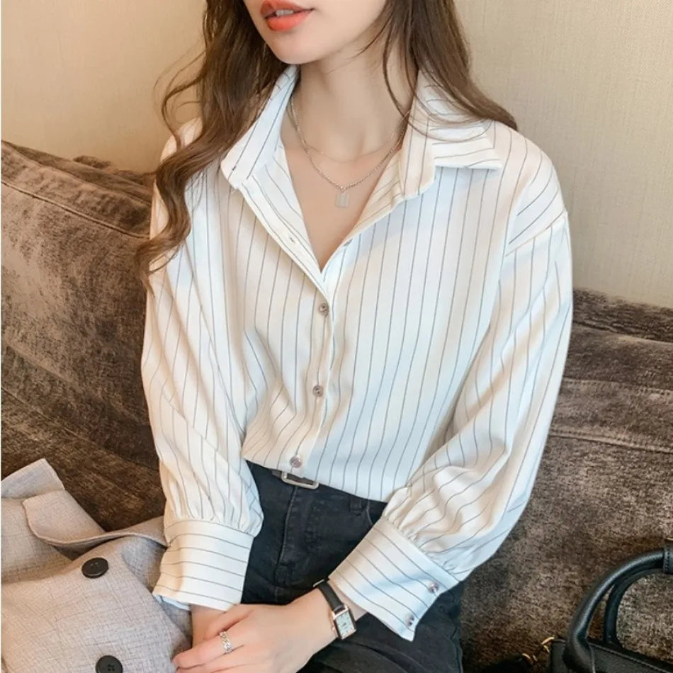 Striped Shirt Women Spring Summer Vintage Chic Loose Long Sleeve Top Office Ladies Fashion Casual Turn Down Collar Blouse