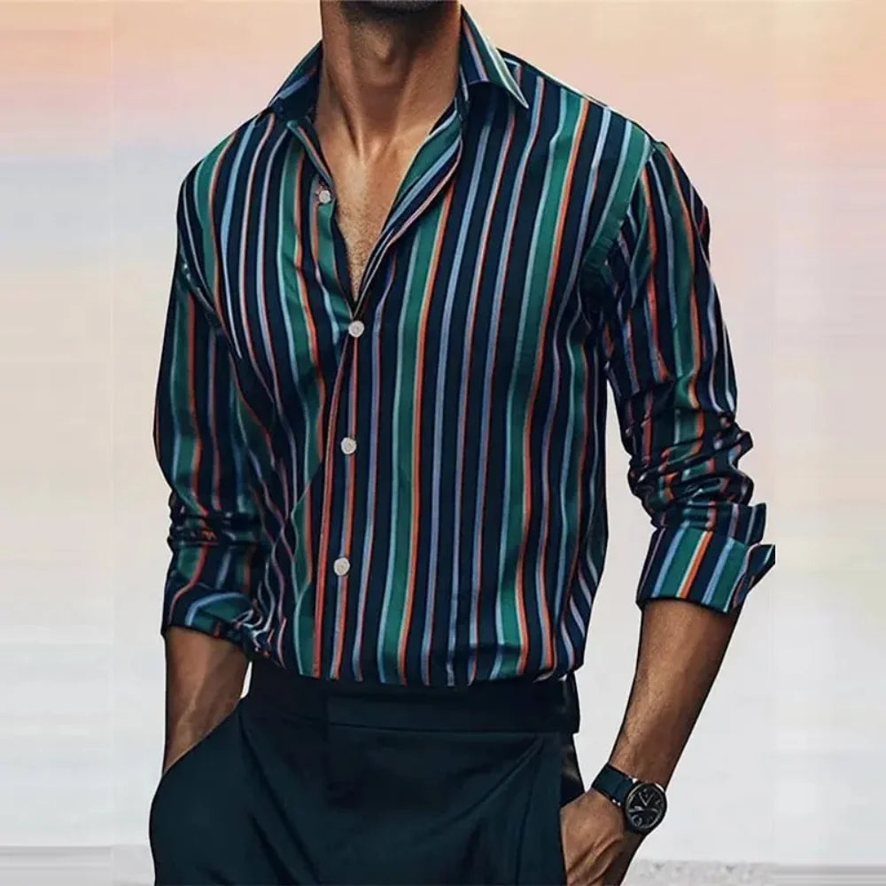 The new fashionable men's striped shirt is a casual and stylish outdoor long-sleeved shirt with a soft and comfortable lapel