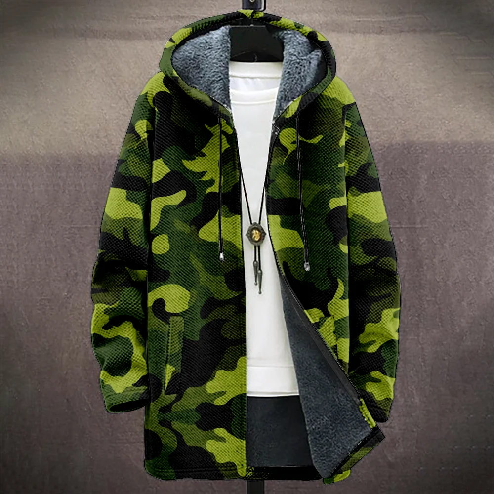 Men's Camouflage Hooded Coat with Fleece Lining Cold Weather Warm Jacket for Autumn Winter Outdoor Streetwear Fashion Trend