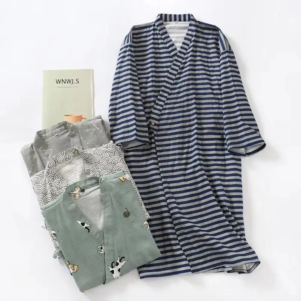 Bath Robe V-Neck Men's Kimono Bathrobe Long Sleeve Loose Kimono Pajamas Print Thin Japanese-Style Yukata Bath Wear