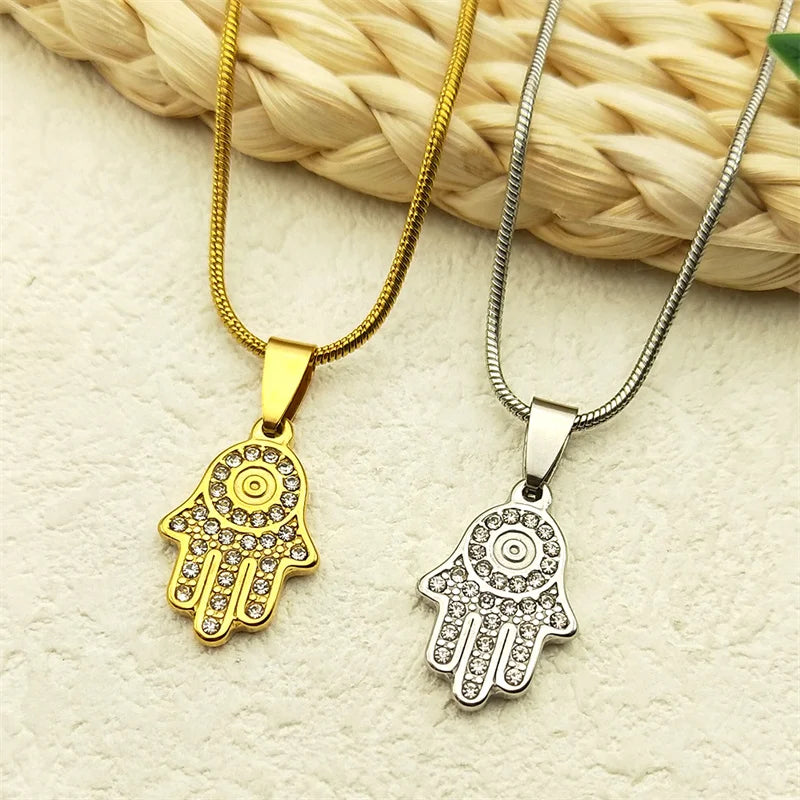 Evil Eye Fatima Hand Pendant Necklace For Women Girls Stainless Steel Gold Color Rhinestone Turkish Chain Jewelry Gifts Collar