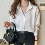 Striped Shirt Women Spring Summer Vintage Chic Loose Long Sleeve Top Office Ladies Fashion Casual Turn Down Collar Blouse