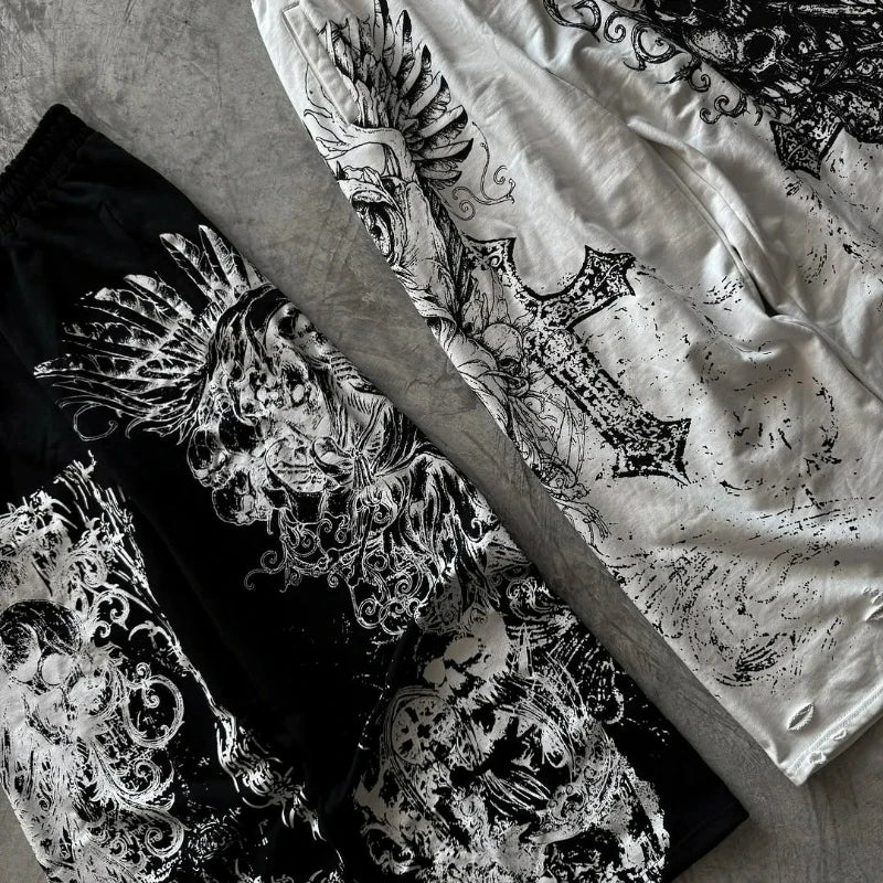 Y2K Retro Casual Jogger Pants Gothic Skull Print Afterlife Sweats Floor Pants Trend Harajuku Hip Hop Oversized Unisex Clothing