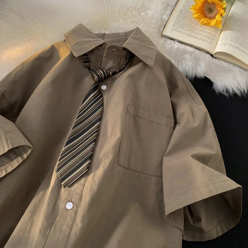 Short-sleeved Work Shirt Men's Summer Tie Handsome High-end Fashion Brand Trendy Couple College Style