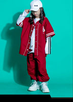 Kids Teenage Streetwear Hip Hop Clothing Red Shirt Tops Casual Cargo Jogger Pants For Girl Boy Jazz Dance Costume Rave Clothes